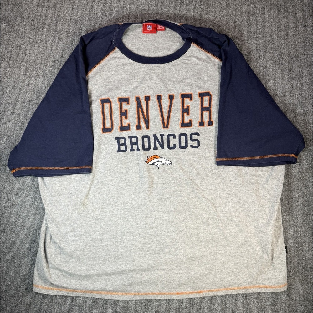 Denver Broncos NFL Mens 5X Gray Raglan Shirt Big Tall Orange Blue Football Tee